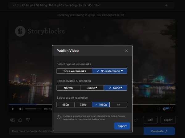 Xuất video 4K nhanh chóng trên InVideo AI 