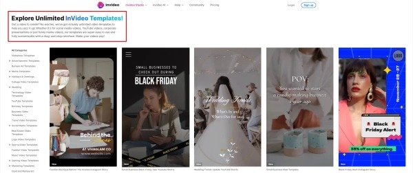 Kho mẫu đa dạng của InVideo AI bao gồm hàng ngàn mẫu video