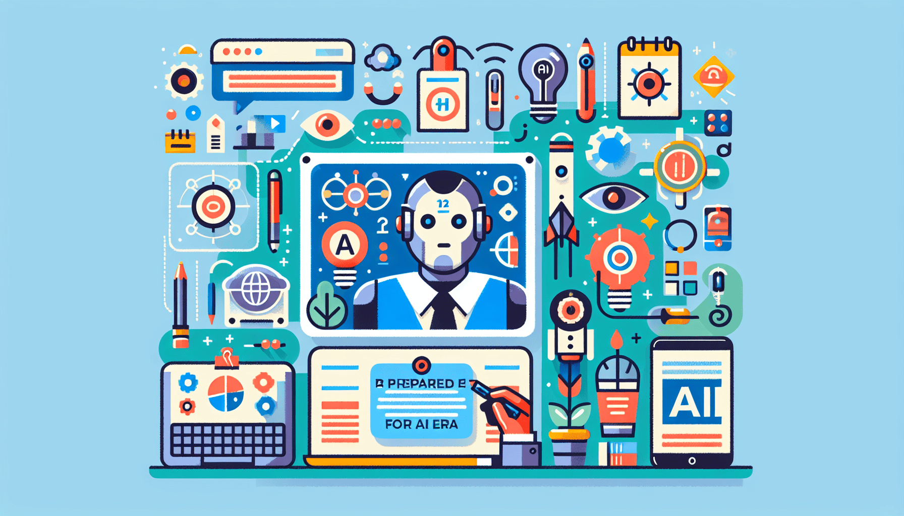 A robot is surrounded by icons and icons.